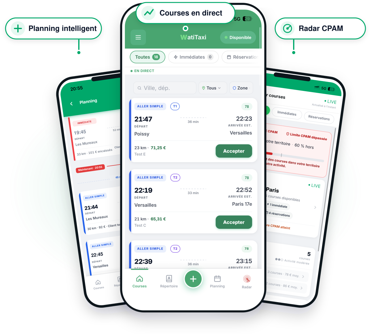 Trois écrans de l'application WatiTaxi : planning intelligent, courses en direct et radar CPAM